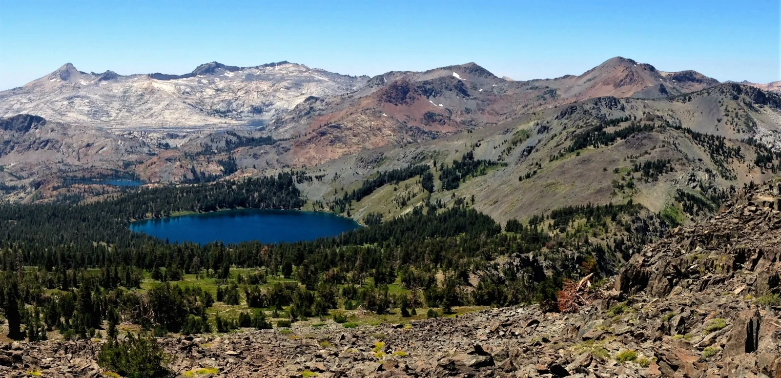 Desolation Wilderness granite peaks and alpine lakes seen from Mount Tallac, California