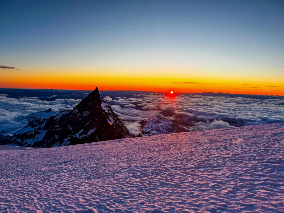 Sunrise on Mount Rainier from high elevation