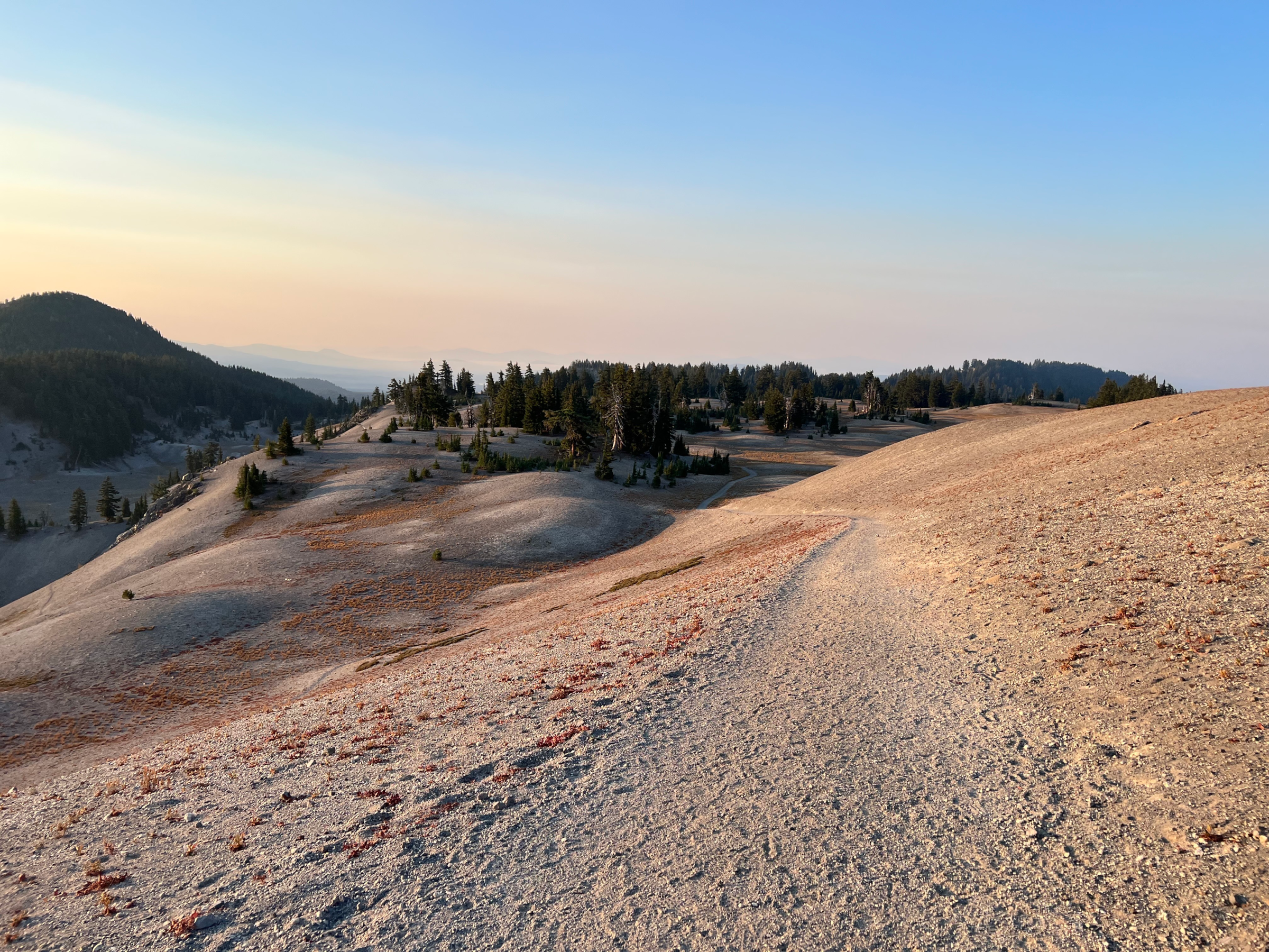 The sandy volcanic plateau on the South Sister trail at dusk, Three Sisters Wilderness, Oregon
